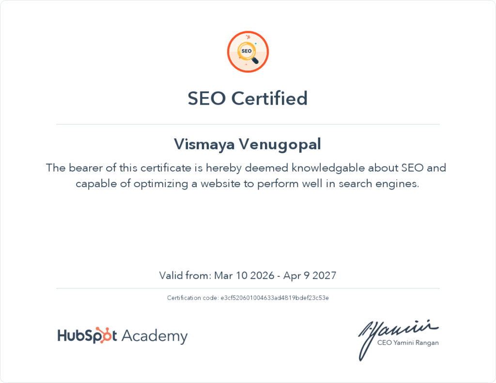 After finishing a digital marketing course, a HubSpot Academy certificate was given, demonstrating abilities in online marketing strategies, content creation, and analytics.