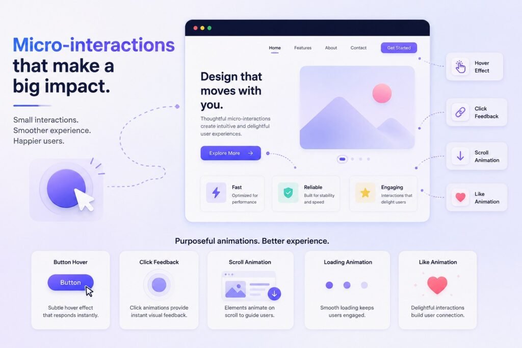 illustrating UI micro-interactions, highlighting features like hover effects, click feedback, scroll animations, and loading states.
