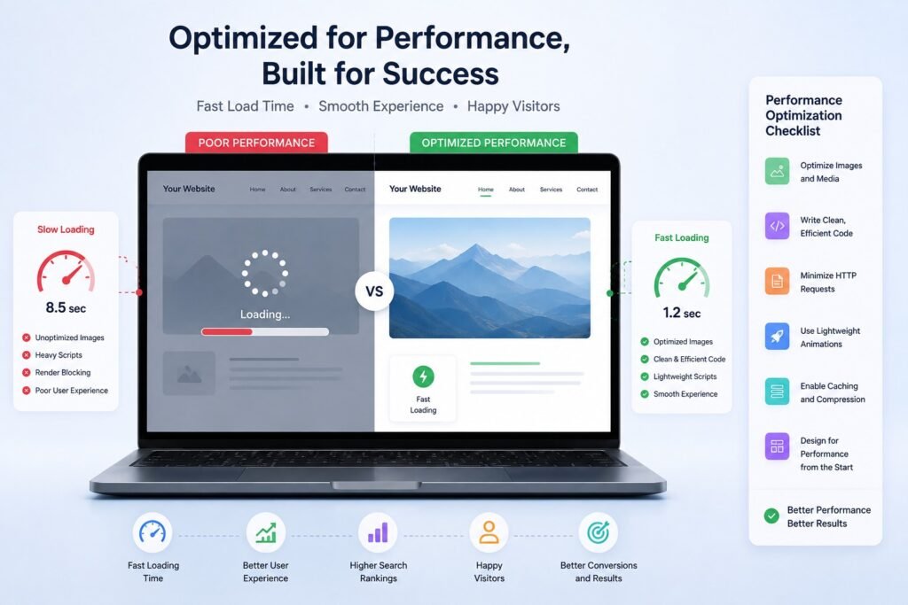 showcasing performance optimization, comparing a slow-loading website with an optimized fast-loading website for better user experience and conversions.